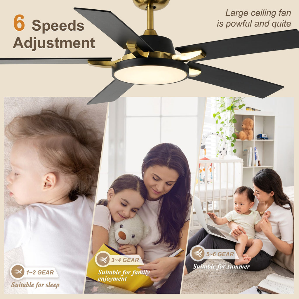 52 Inches Black and Gold Modern Ceiling Fan with LED Lights, 6 Speeds DC Motor Indoor Ceiling Fan for Large Room