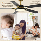 52 Inches Black and Gold Modern Ceiling Fan with LED Lights, 6 Speeds DC Motor Indoor Ceiling Fan for Large Room