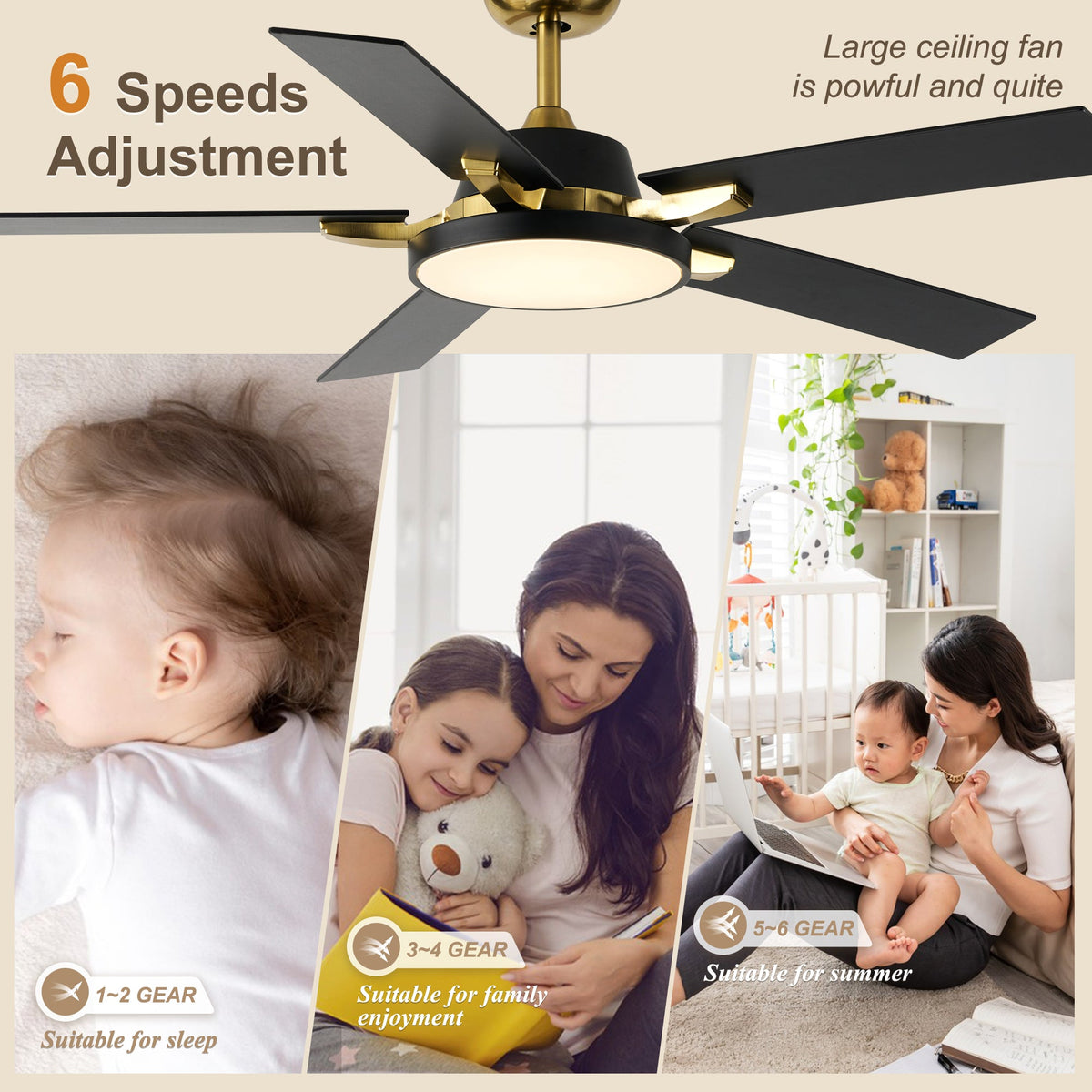 52 Inches Black and Gold Modern Ceiling Fan with LED Lights, 6 Speeds DC Motor Indoor Ceiling Fan for Large Room