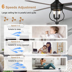 52 Inch Black Classic Ceiling Fan with Lights and Remote Control, 6 Speeds 4-Blade DC Motor Reversible Ceiling Fan for Living Room