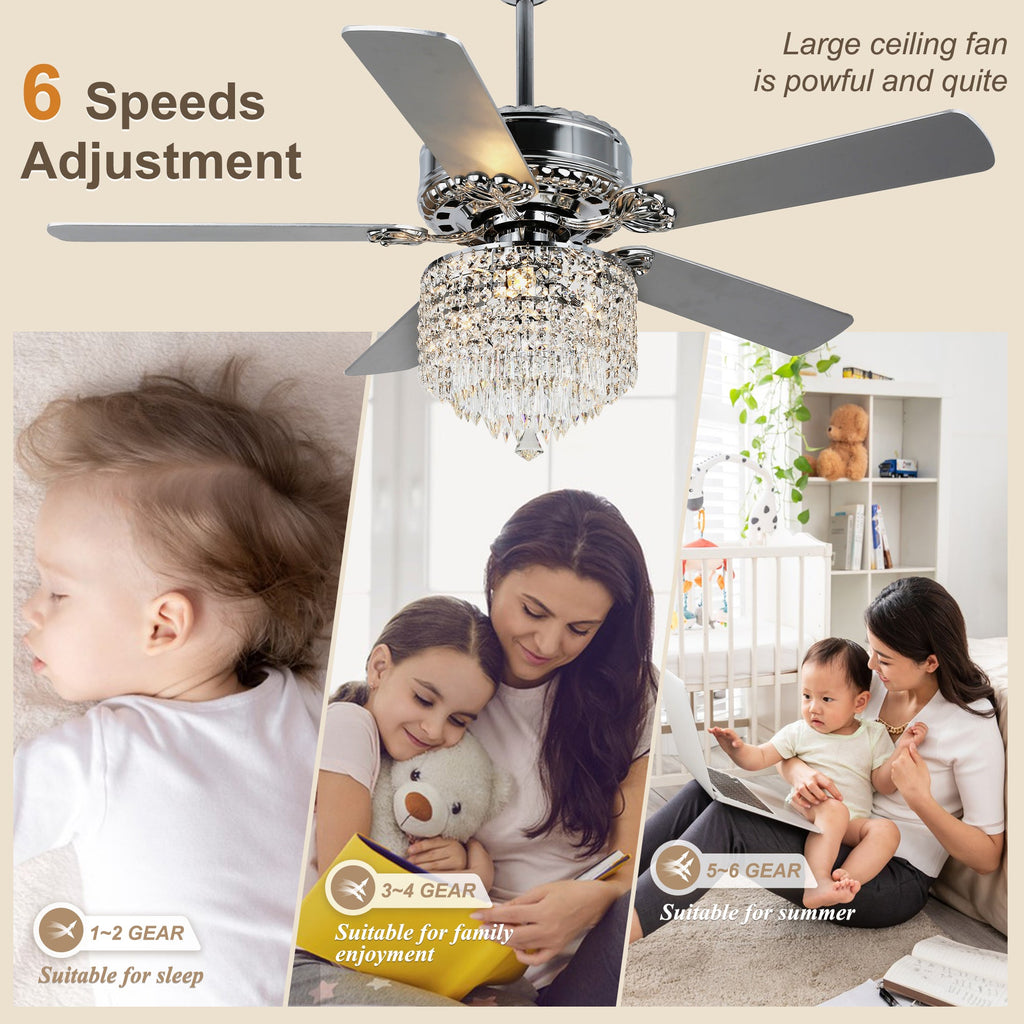52 Inch Chrome Glam Crystal Ceiling Fan with Lights and Remote, 6 Speeds DC Motor Reversible Chandelier Ceiling Fan with Crystals