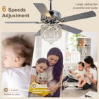 52 Inch Chrome Glam Crystal Ceiling Fan with Lights and Remote, 6 Speeds DC Motor Reversible Chandelier Ceiling Fan with Crystals