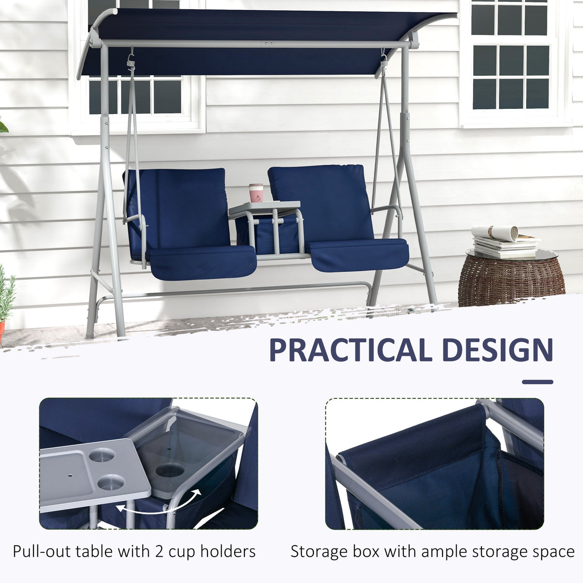 2-Person Porch Swing with Stand and Pivot Table, Dark Blue