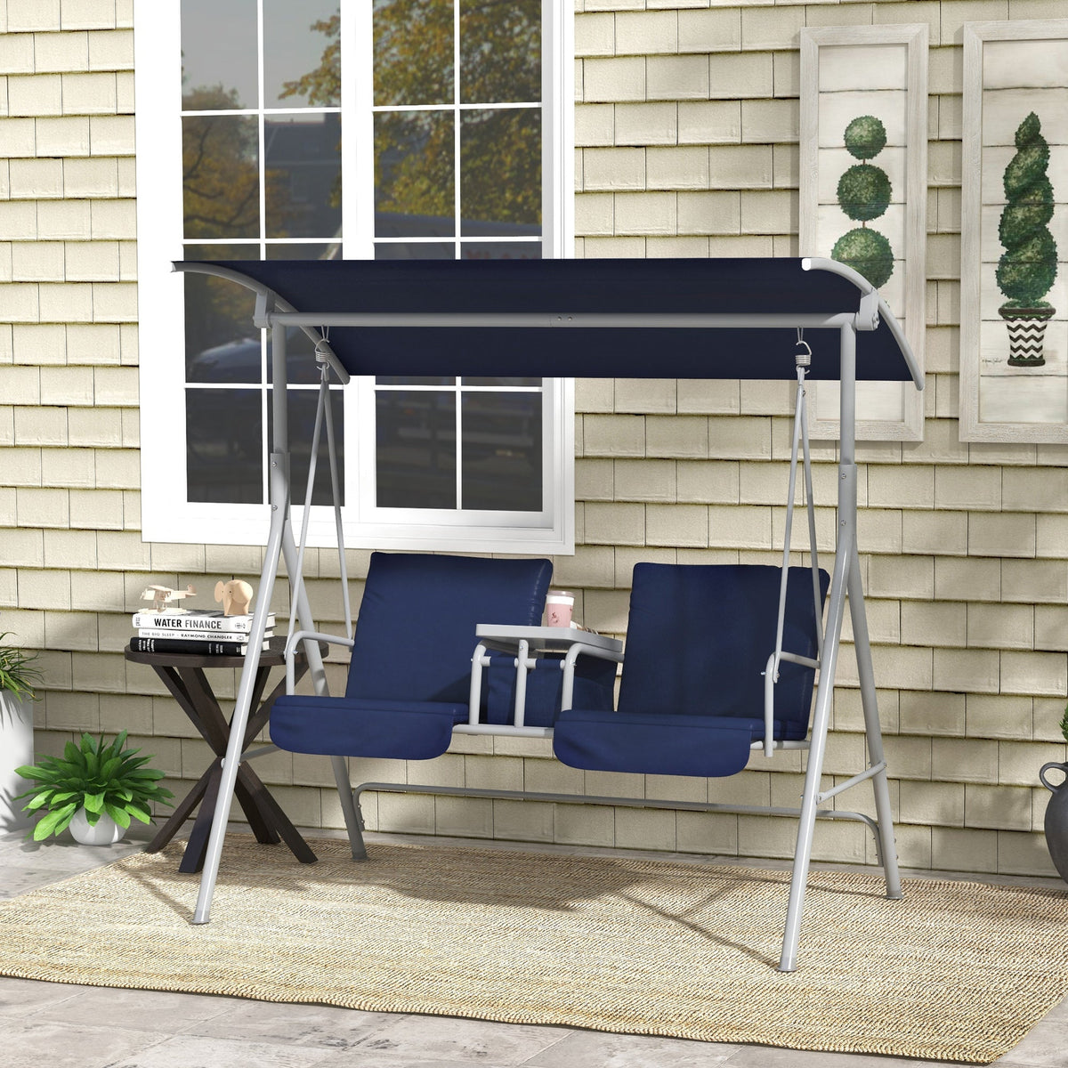 2-Person Porch Swing with Stand and Pivot Table, Dark Blue
