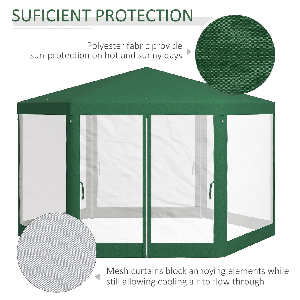 13' x 11' Hexagon Sun Shade Shelter Canopy with Mesh Sidewalls, Ropes, Stakes, Green