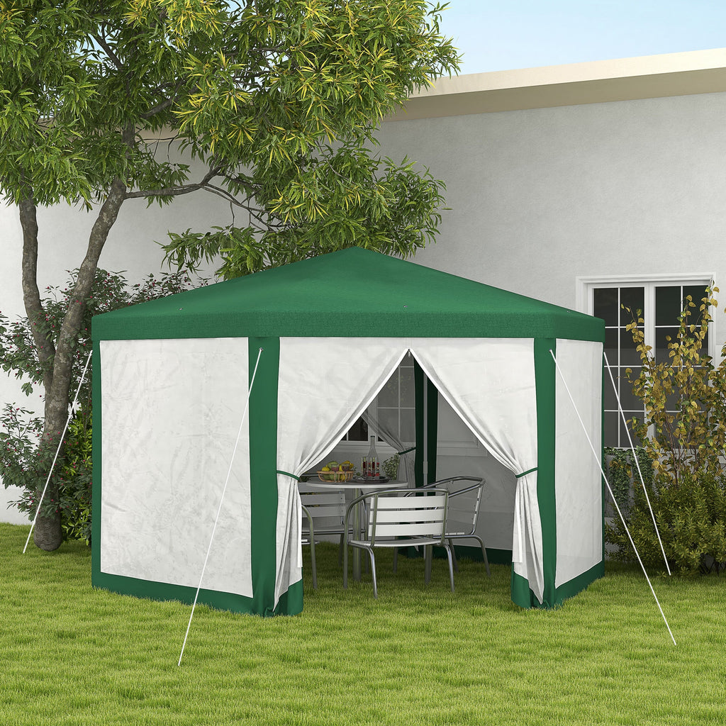 13' x 11' Hexagon Sun Shade Shelter Canopy with Mesh Sidewalls, Ropes, Stakes, Green