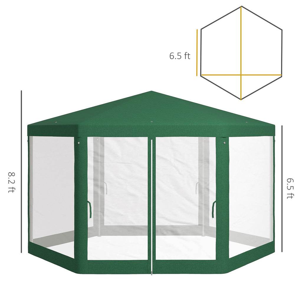 13' x 11' Hexagon Sun Shade Shelter Canopy with Mesh Sidewalls, Ropes, Stakes, Green