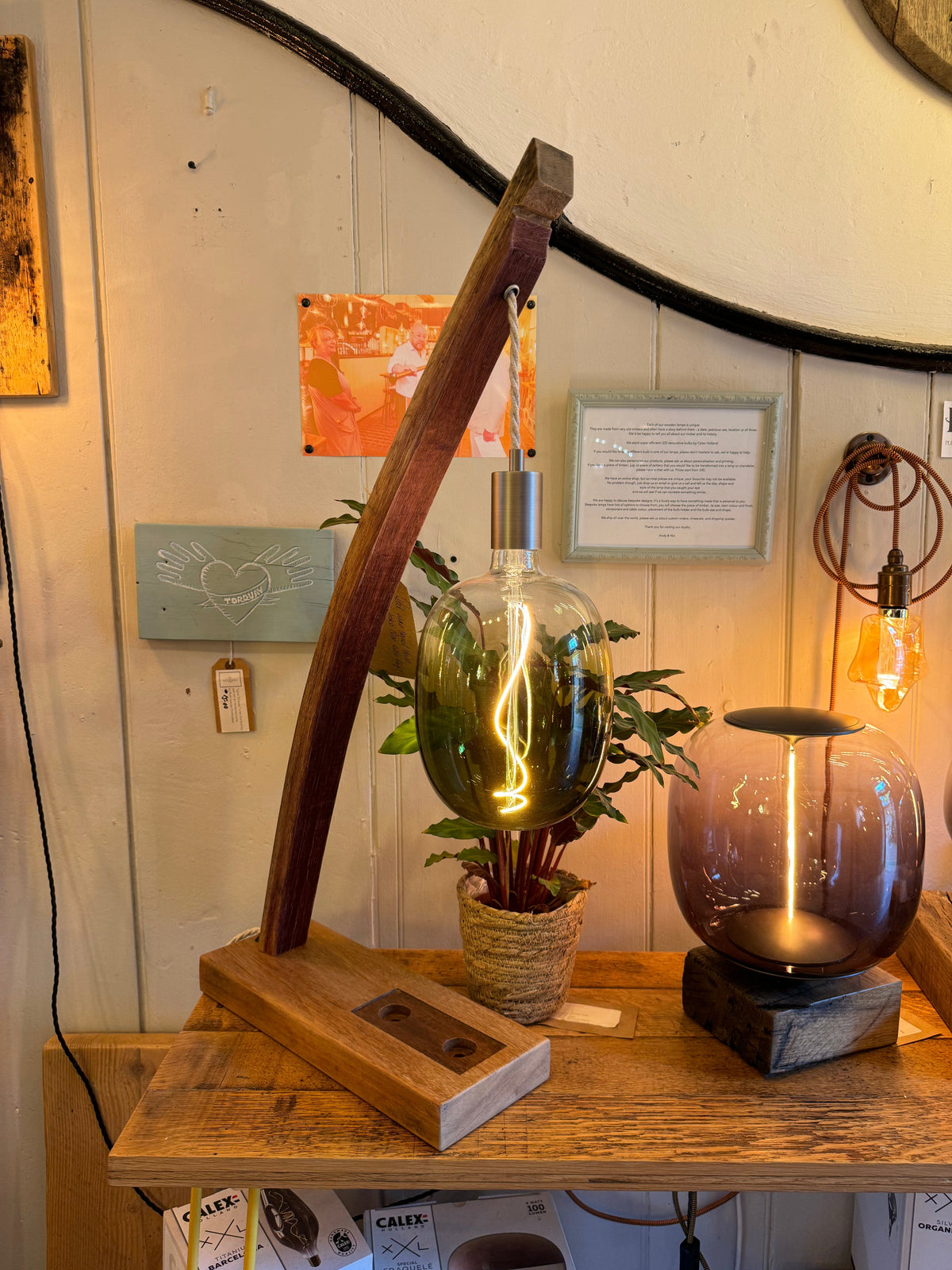 Oak Stave Table Lamp | Curved Wooden Bedside & Living Room Lamp UK