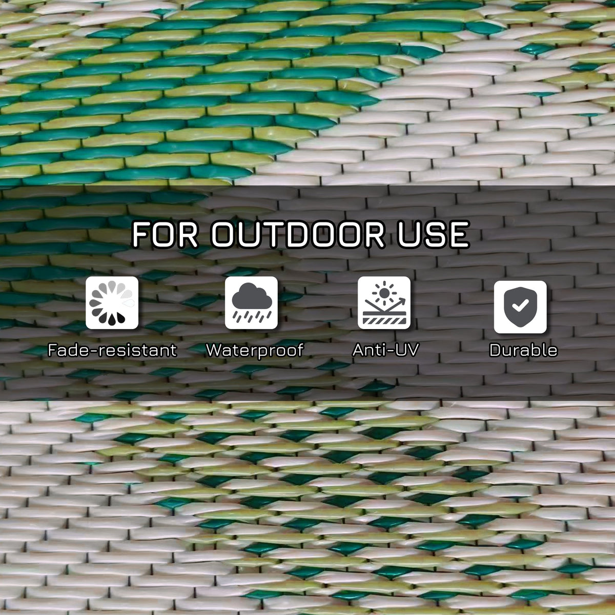 Reversible Rug with Carry Bag, 9' x 12' Waterproof Portable RV Camping Carpet, Green & Cream