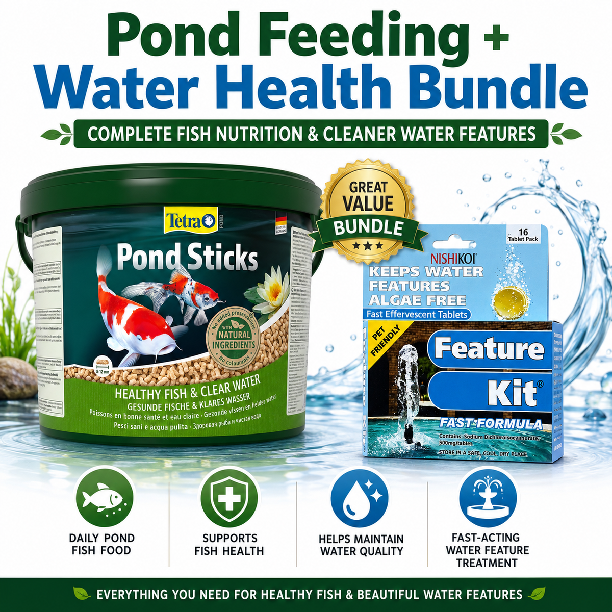 Tetra Pond Food Sticks 1200g + Nishikoi Feature Kit 16 Tablets Bundle