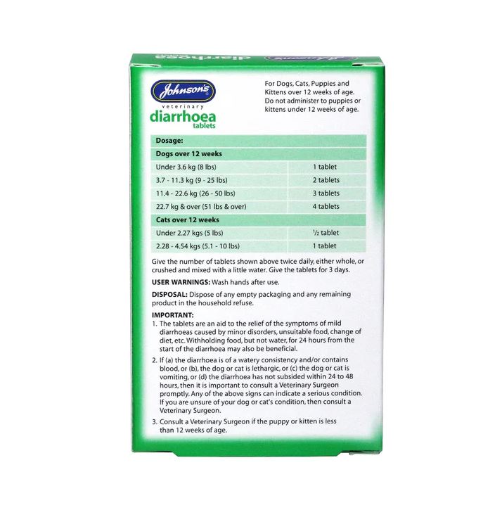 Johnson's Vet Diarrhoea Tablets for Cats & Dogs, 12 Tablets