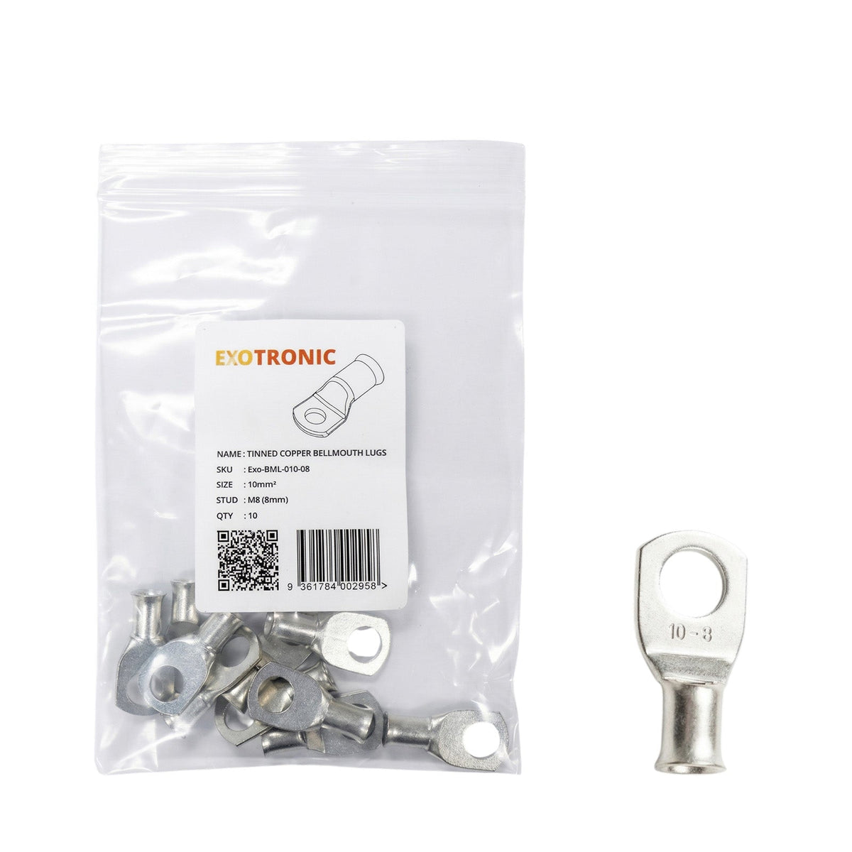 10 Pack of Exotronic 10mm² Copper Lug M8 | Bellmouth