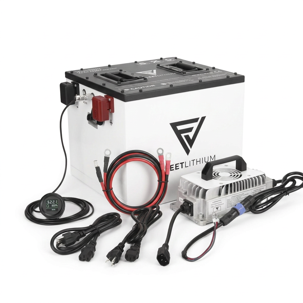 EZGO Terrain 250 (2012-2016) 48V Lithium Battery Conversion Kit — Fleet Lithium - 65Ah LiFePO4 battery bundle with charger, cables and mounting hardware