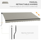 12' x 10' Retractable Awning with Manual Crank, 280gsm UV Resistant Fabric and Aluminum Frame, Light Grey
