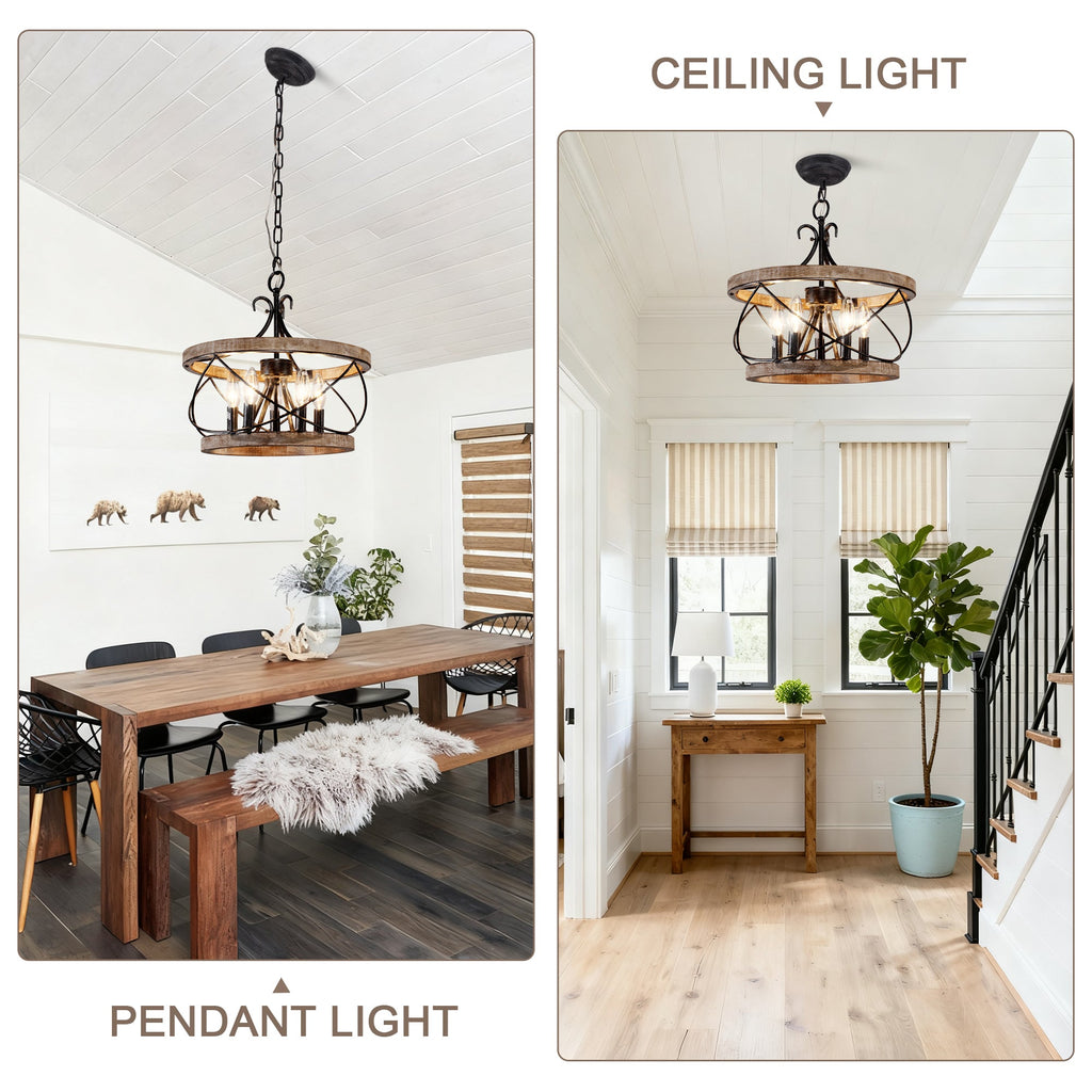 5 - Lights 15.7" Distressed Wood/White Mid-Century Caged Chandelier, Adjustable Chain Pendant Light Rustic Drum Chandelier