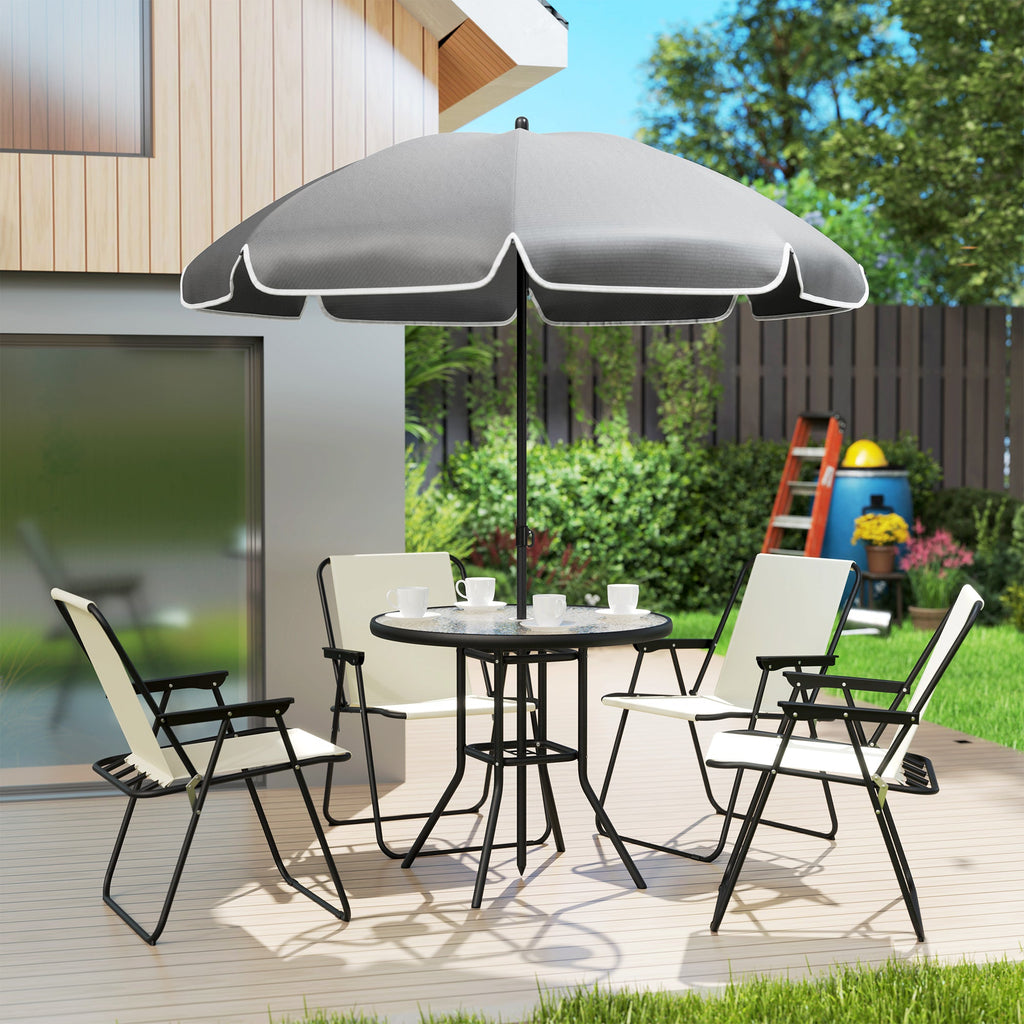 6 Piece Garden Dining Set with Parasol, Folding Chairs & Round Table, Cream White