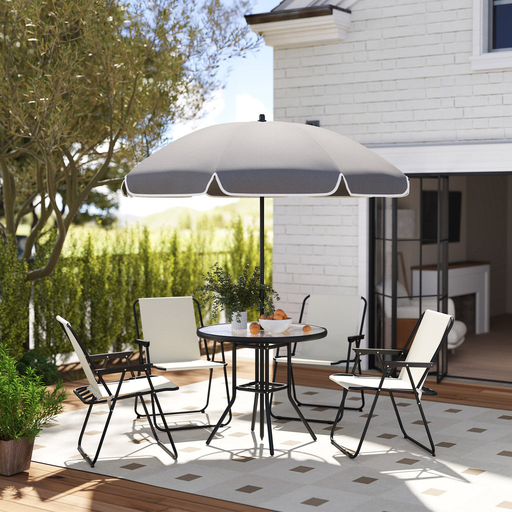 6 Piece Garden Dining Set with Parasol, Folding Chairs & Round Table, Cream White