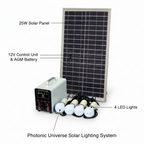 25W Off-Grid Solar Lighting System with 4 LED Lights, Solar Panel and Battery