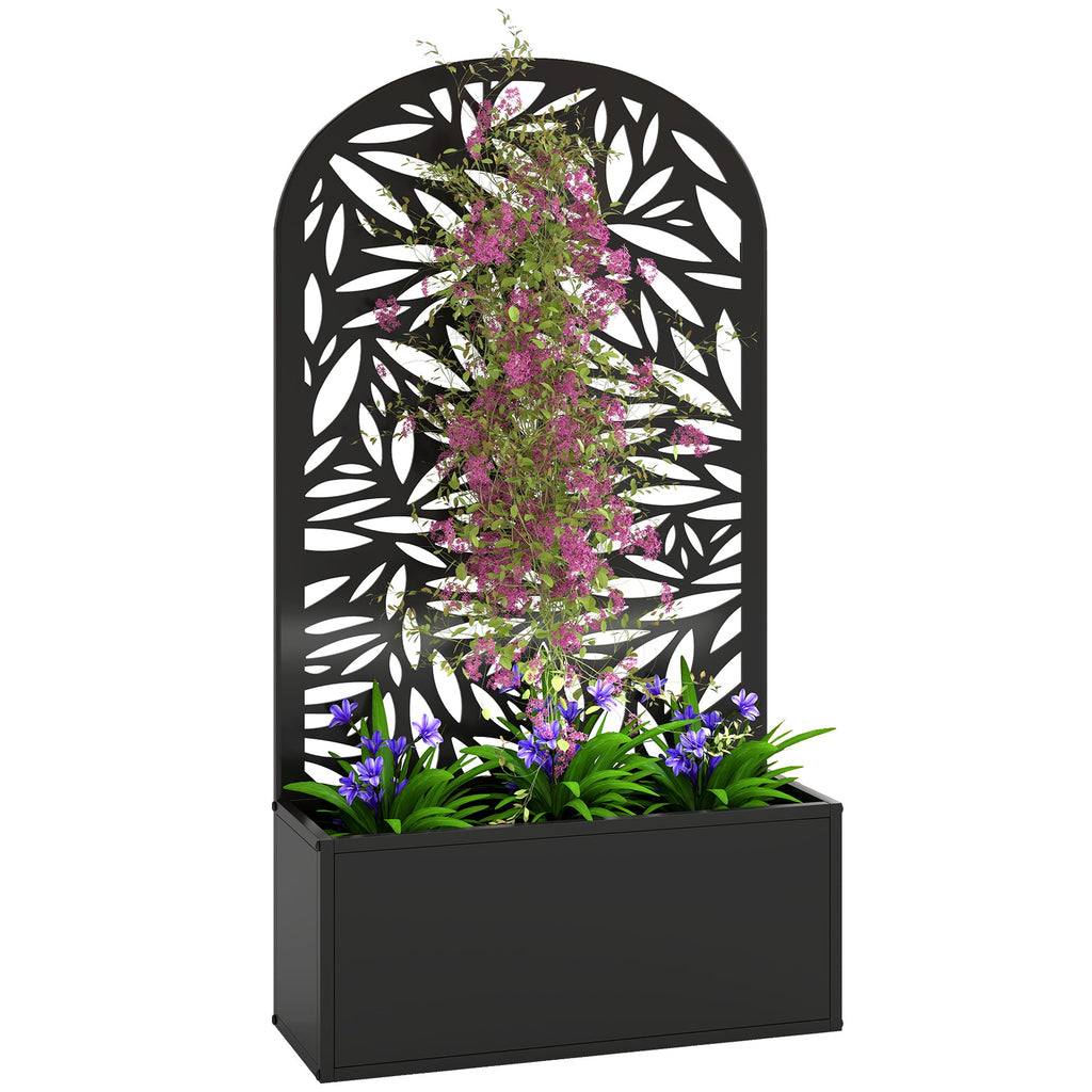 Metal Raised Garden Bed with Curved Trellis Panel, Leaves Cut-Out