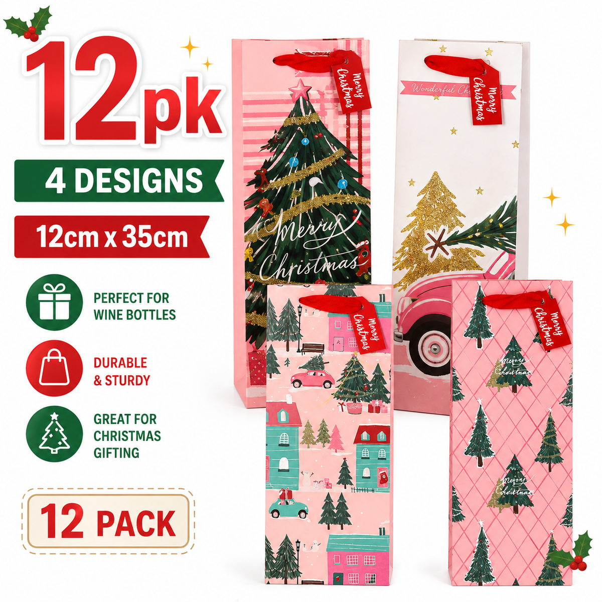 12PK Christmas Wine Bottle Gift Bags Xmas Present Packaging 12x35cm 4 Designs