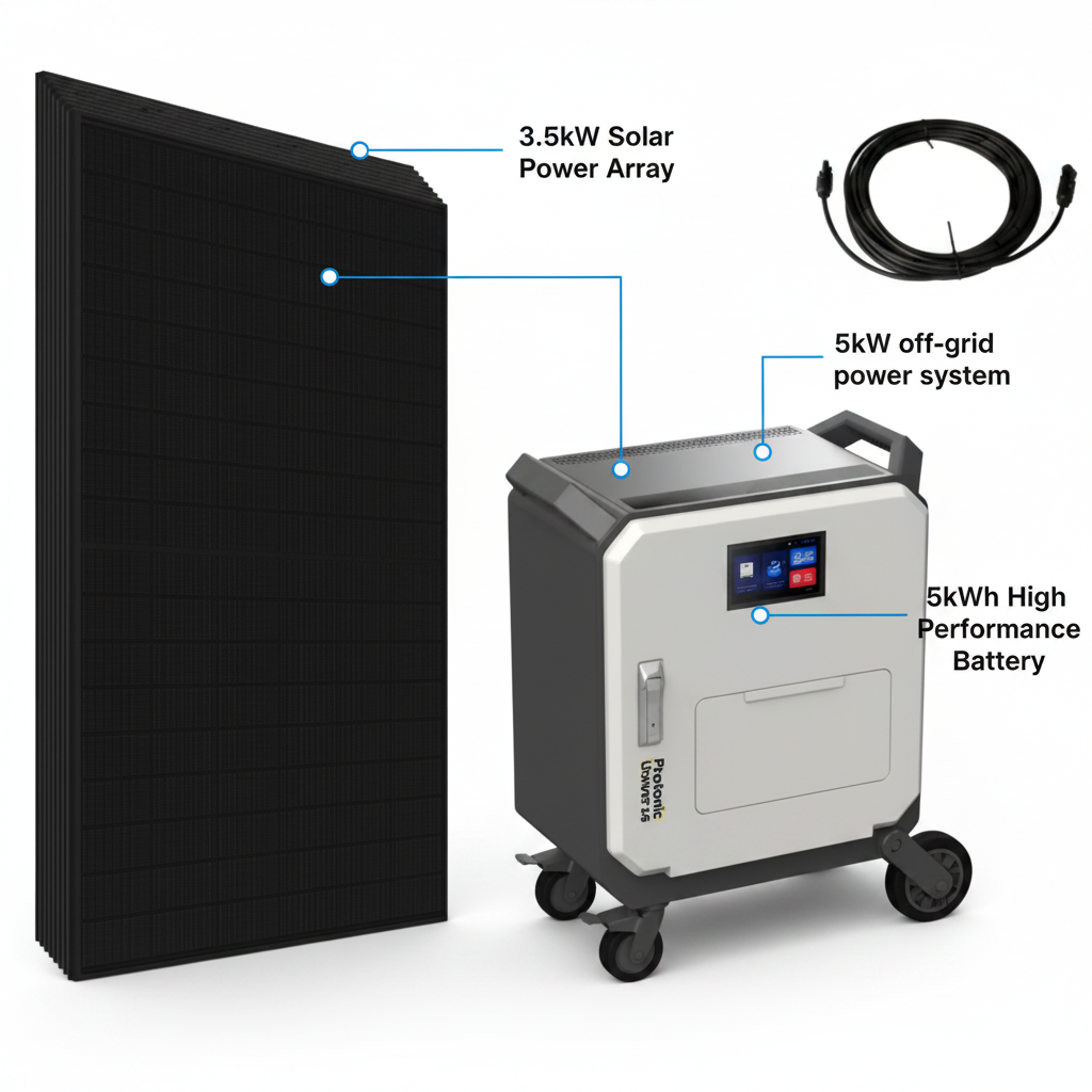 Complete 5kW off-grid power system with 5kWh high performance battery and 3.5kW solar power array