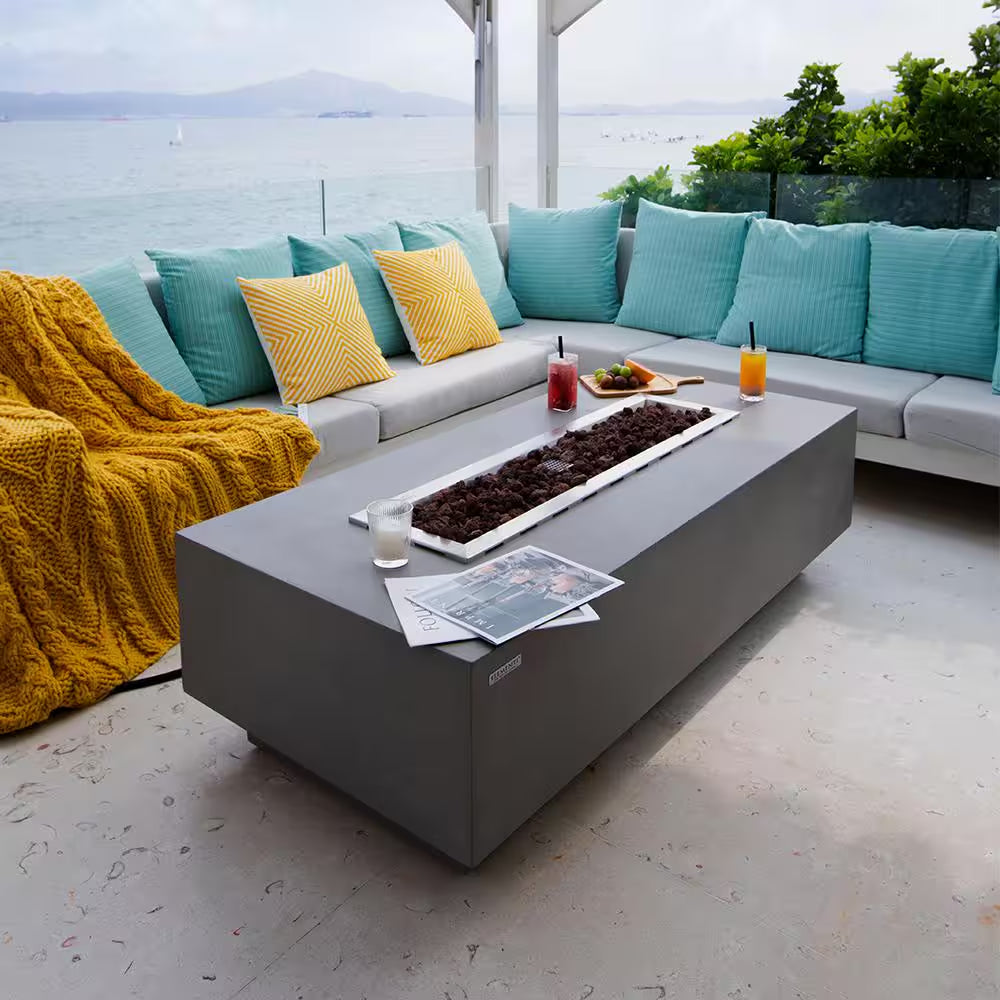 Granville 60-Inch Rectangular Concrete Propane Fire Table with Lava Rocks and Cover
