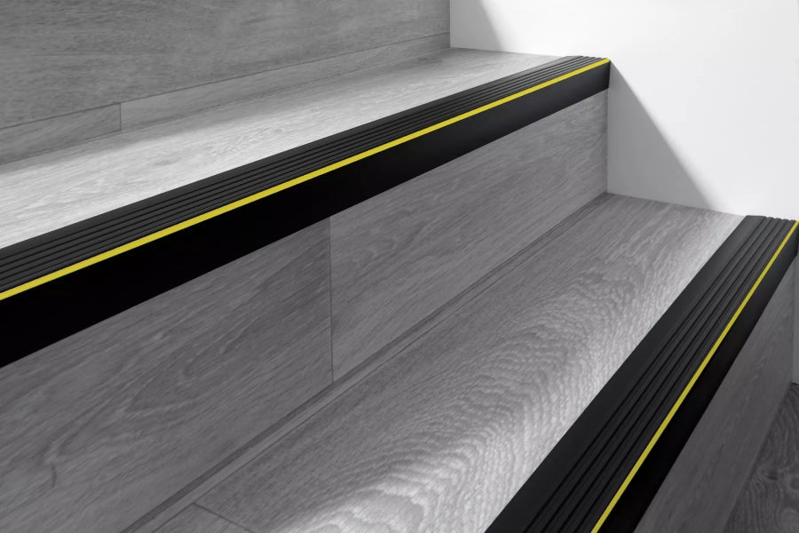 Black Non-Slip PVC Rubber Stair Nosing with Warning Strip 40 MM x 40 MM x 1.18 M Length RDO