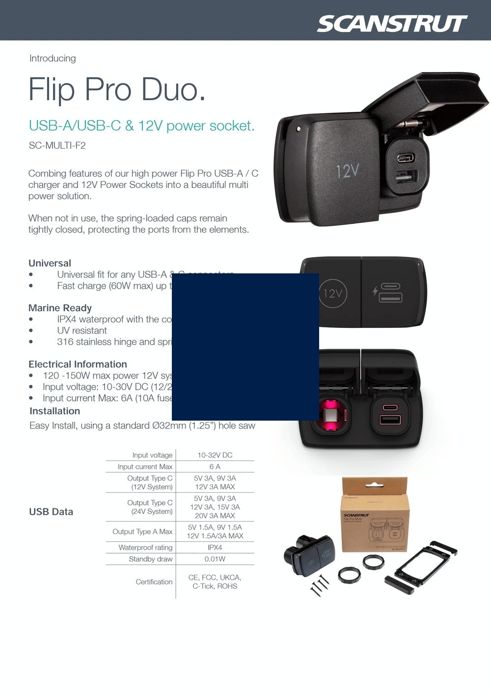 Scanstrut 12V Flip Pro Duo USB-A, USB-C & Accessory/Cigarette Socket