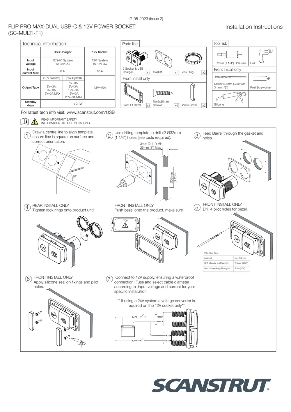 Scanstrut 12V Flip Pro Multi Dual USB-C & Accessory/Cigarette Socket