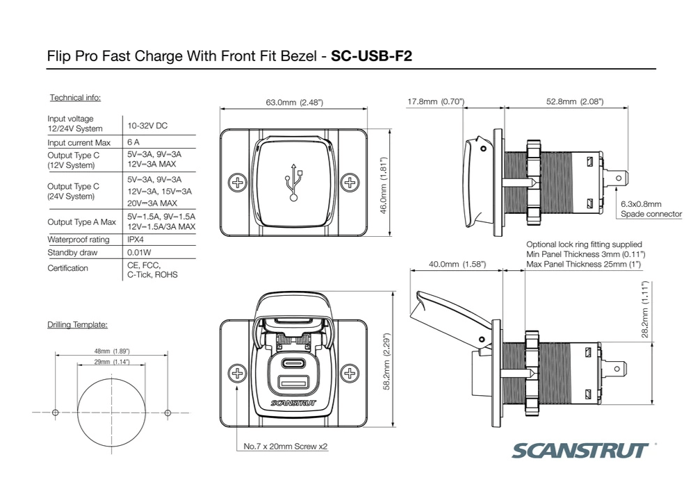 Scanstrut Flip Pro Fast Charge USB-A & USB-C Socket with Bezel