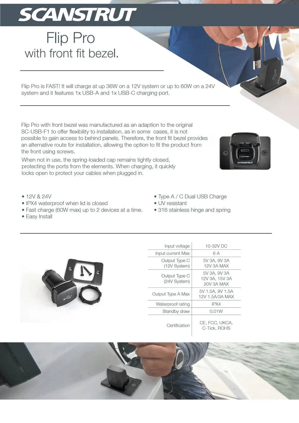 Scanstrut Flip Pro Fast Charge USB-A & USB-C Socket with Bezel
