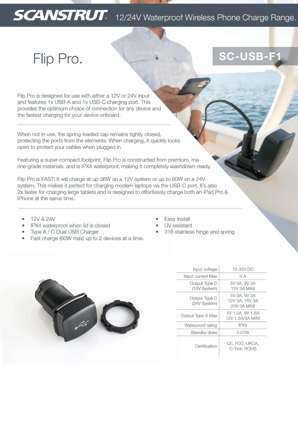 Scanstrut Flip Pro Fast Charge USB-A & USB-C Socket
