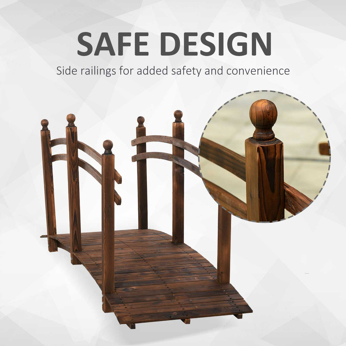 7.5' Wooden Arc Garden Bridge with Side Railings, Carbonized Finish