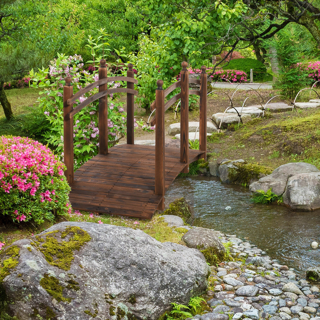 7.5' Wooden Arc Garden Bridge with Side Railings, Carbonized Finish