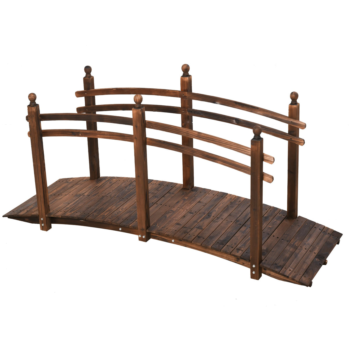 7.5' Wooden Arc Garden Bridge with Side Railings, Carbonized Finish