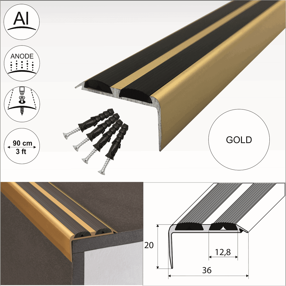 A37 36 x 20mm Anodised Aluminium Non Slip Rubber Stair Nosing Edge Trim With Inserts - Cayrus World of Finishing