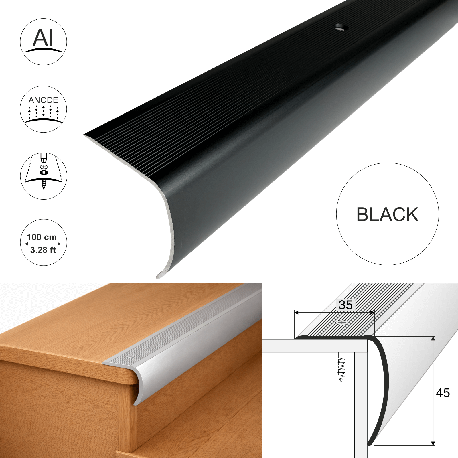Black aluminium stair nosing bullnose edge trim 100cm with 35×45mm profile