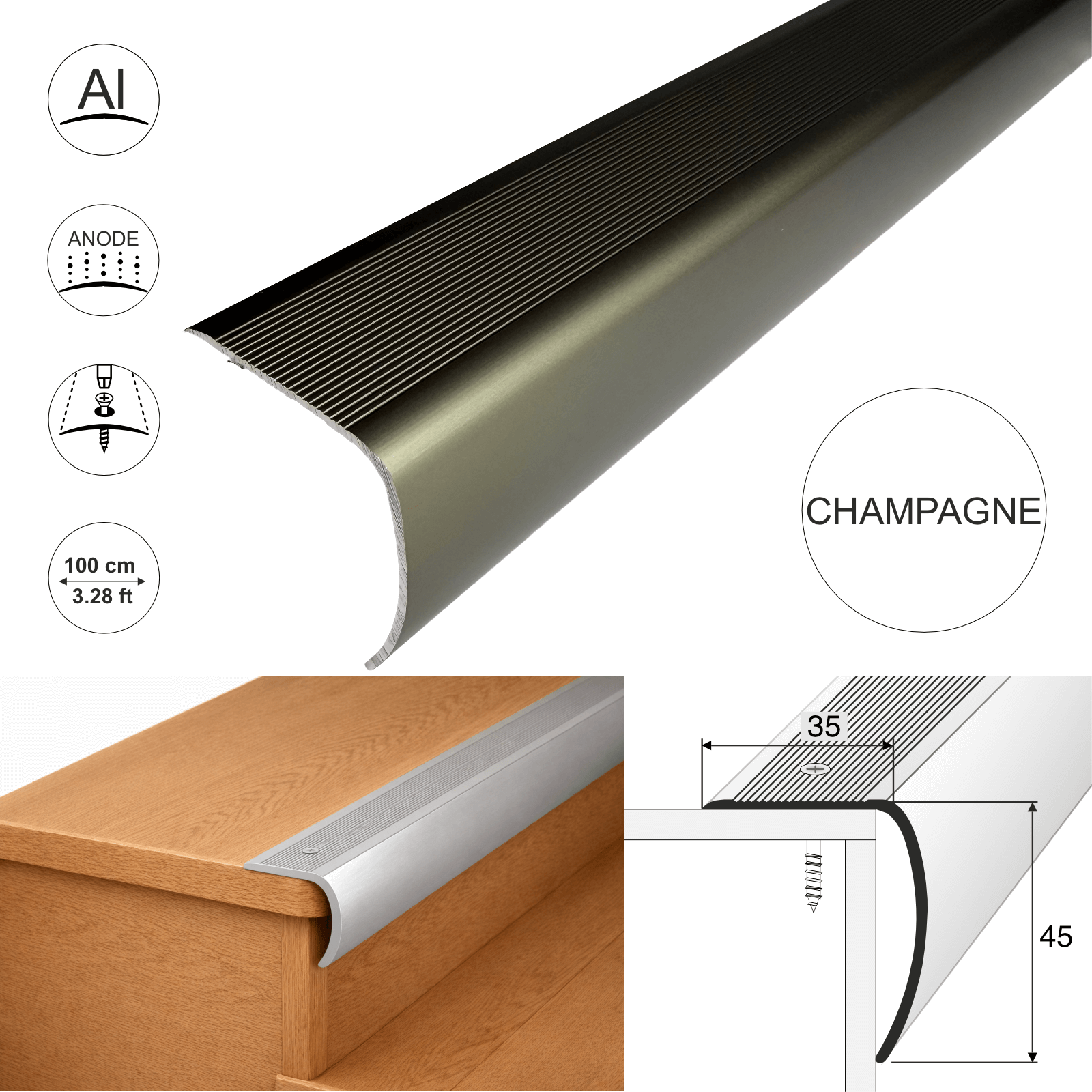 Champagne aluminium stair nosing bullnose edge trim 100cm with 35×45mm profile