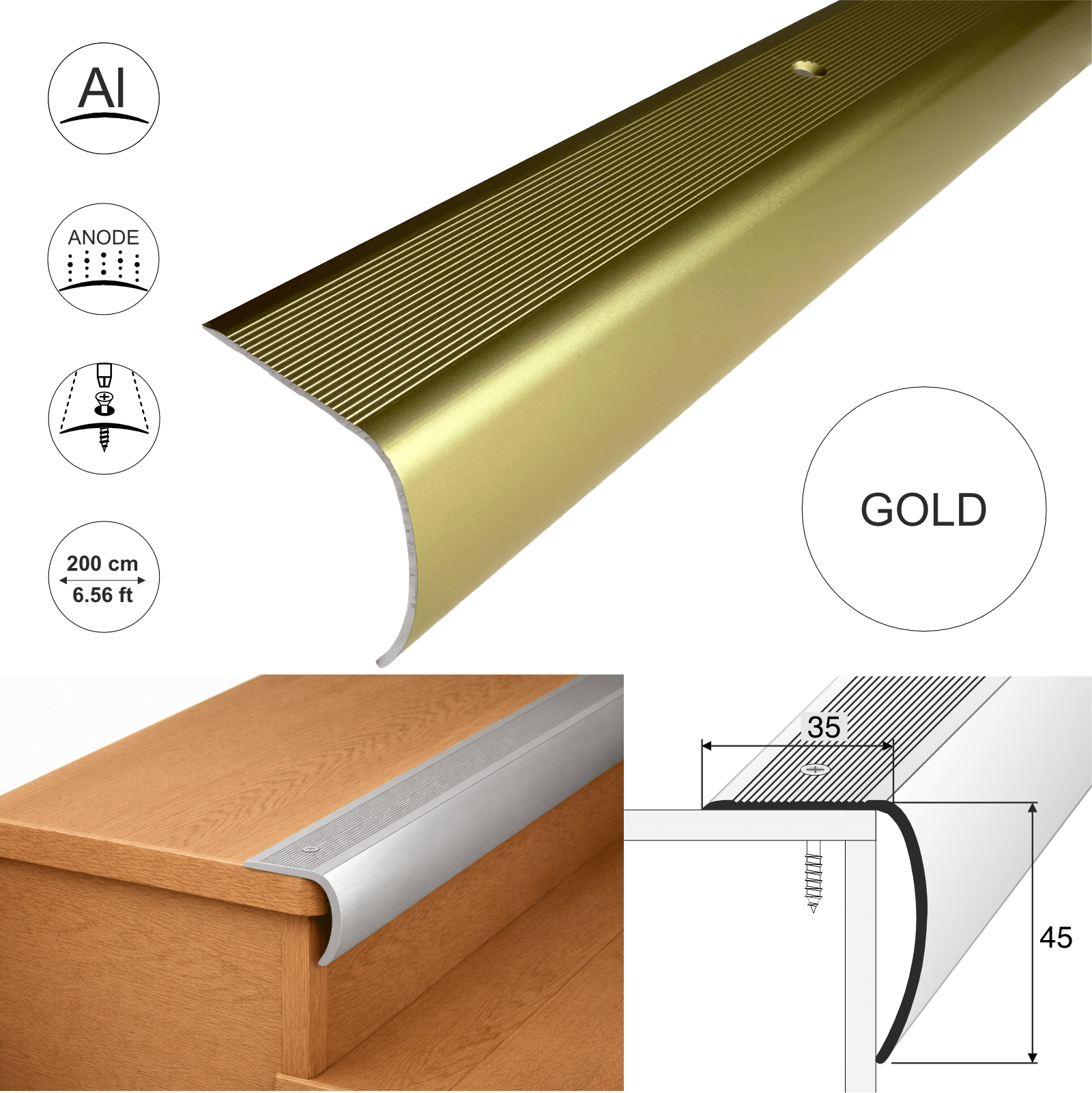 Gold aluminium stair nosing bullnose edge trim 200cm with 35×45mm profile