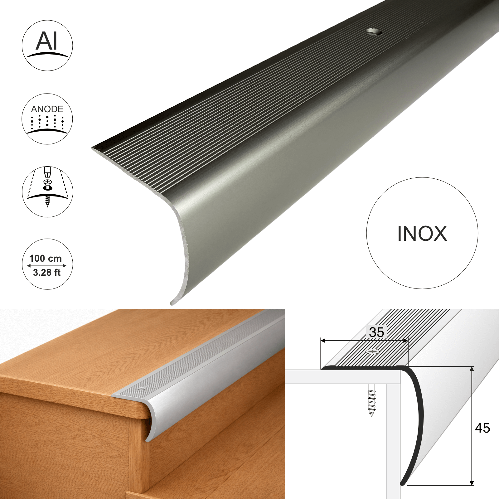 Inox aluminium stair nosing bullnose edge trim 100cm with 35×45mm profile