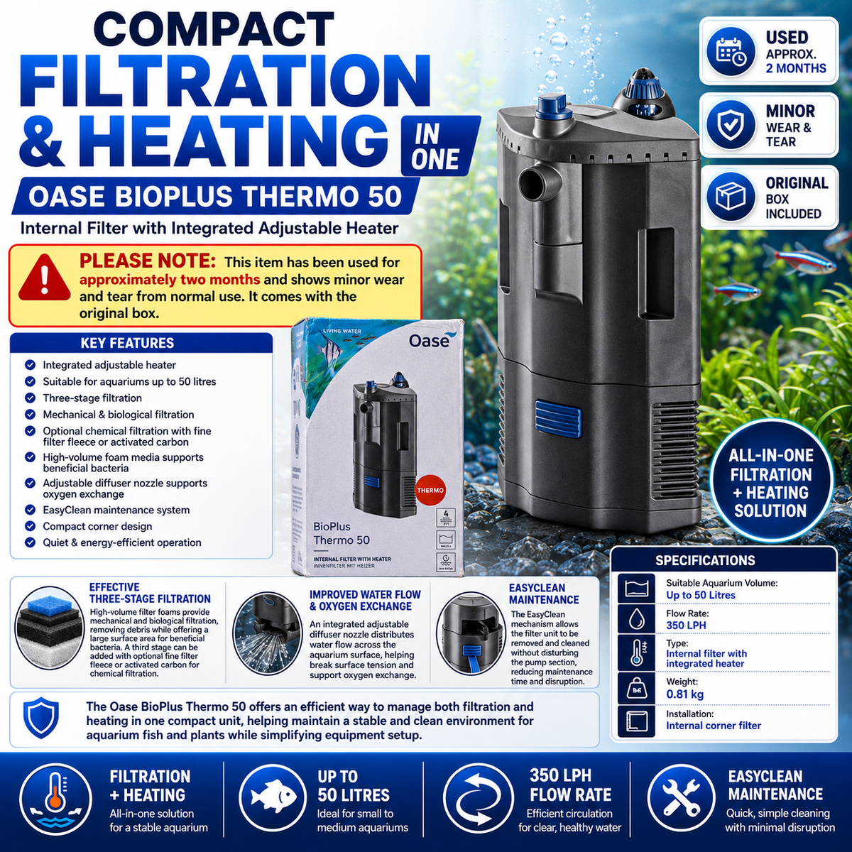 OASE BioPlus Thermo 50 Aquarium Corner Heater Filter