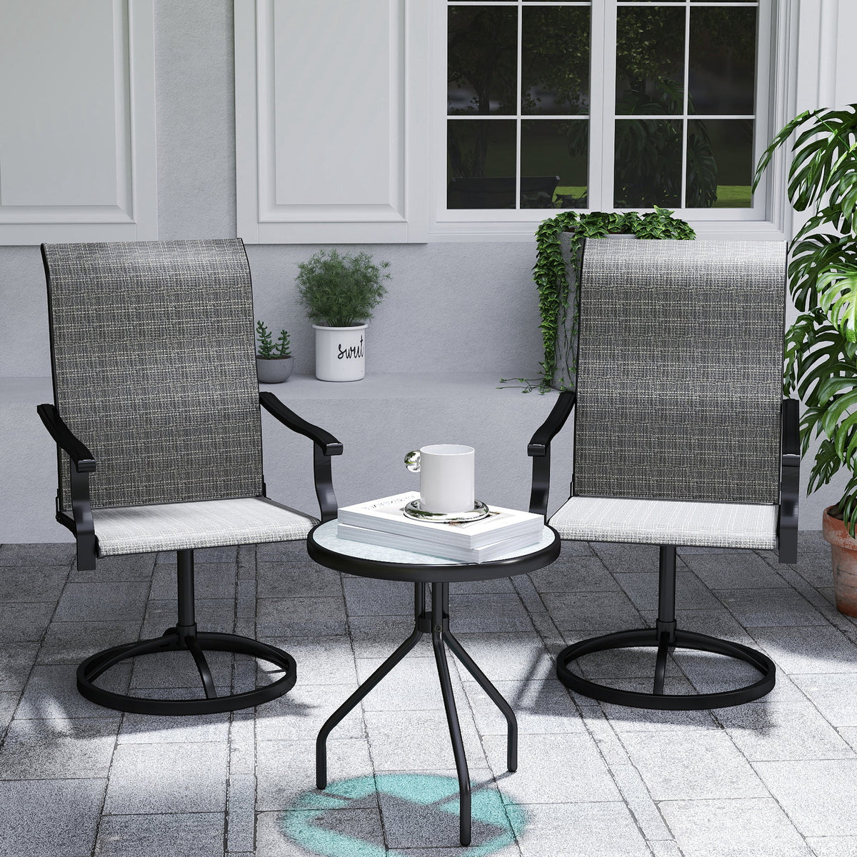 Outdoor Swivel Dining Chairs Set of 2, High Back Swivel Chairs w/ All Weather Mesh, Grey