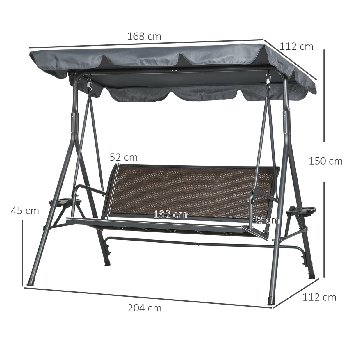 3 Seater Garden Swing Chair with Adjustable Canopy & Rattan Seat, Dark Grey
