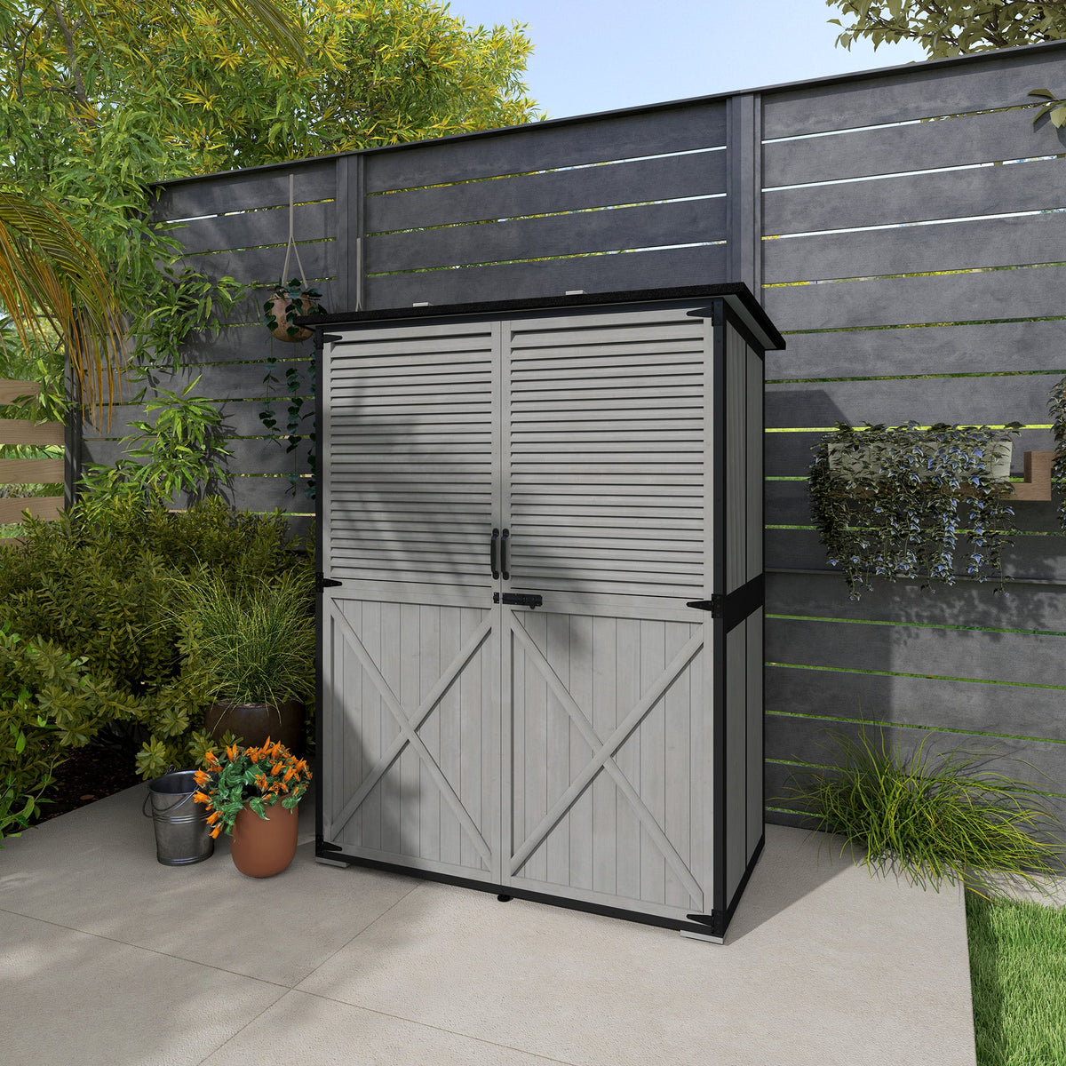 Wooden Outdoor Storage Cabinet with Lock & Adjustable Shelves,55" x 29" x 68", Grey