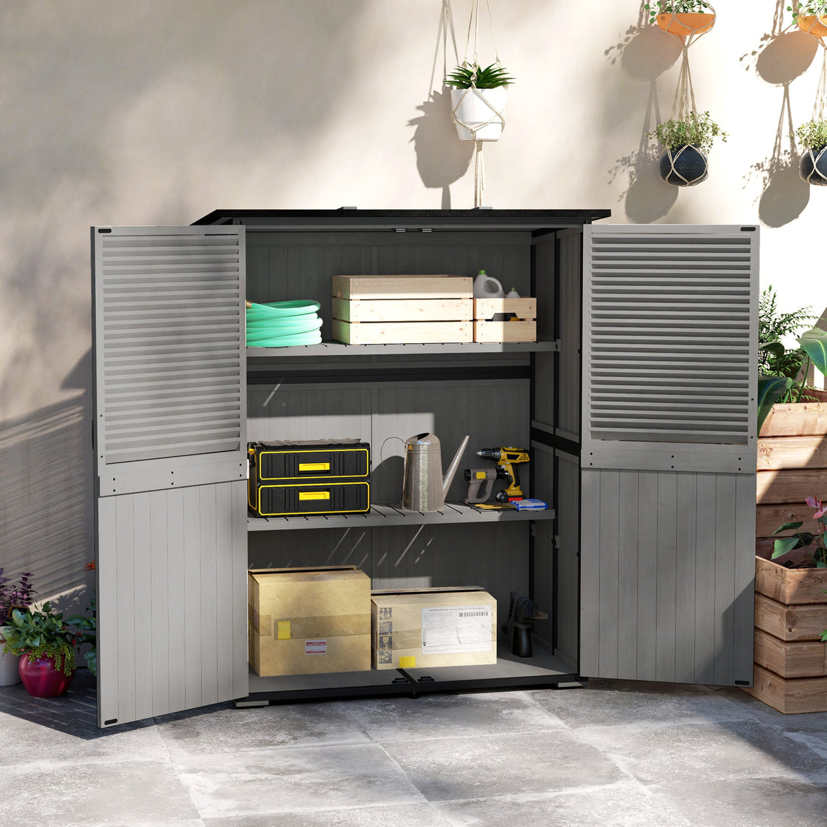 Wooden Outdoor Storage Cabinet with Lock & Adjustable Shelves,55" x 29" x 68", Grey