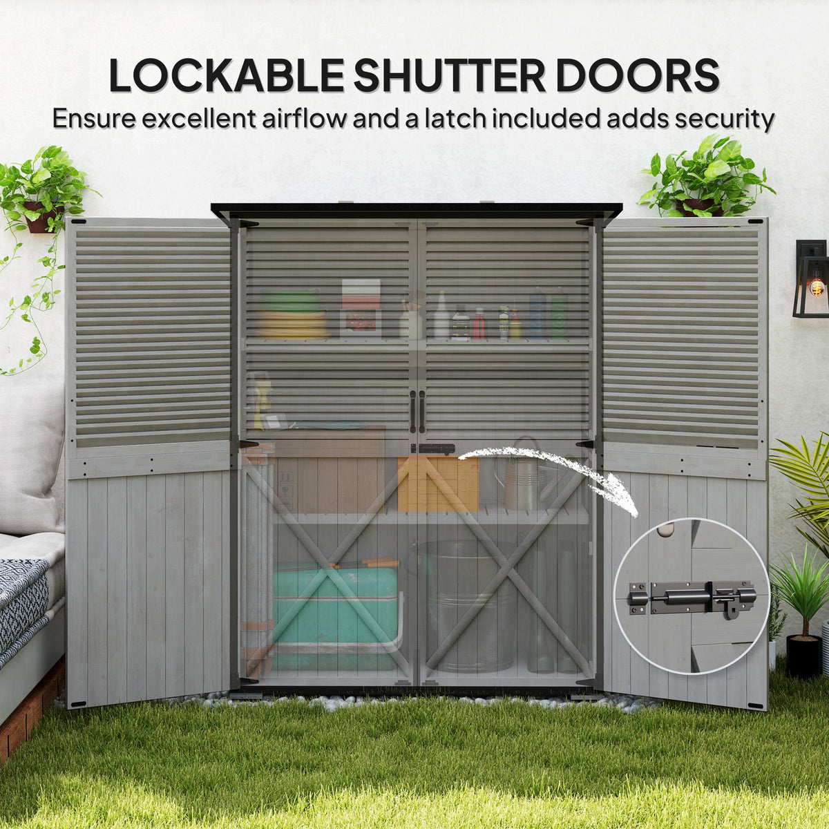 Wooden Outdoor Storage Cabinet with Lock & Adjustable Shelves,55" x 29" x 68", Grey
