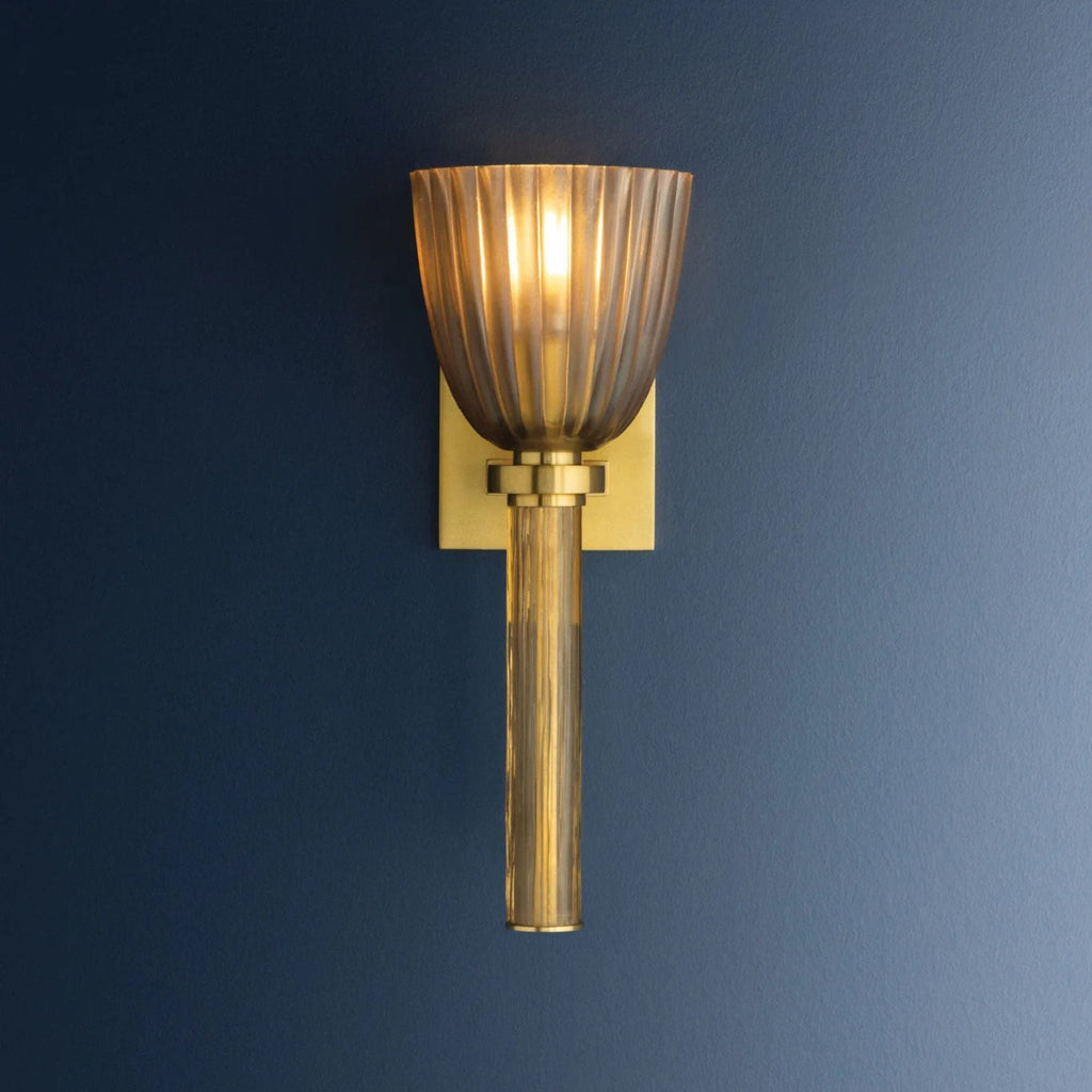 Hudson Valley Columbus 14.75 in. Wall Sconce, Aged Brass with Topaz Glass Tulip Shade