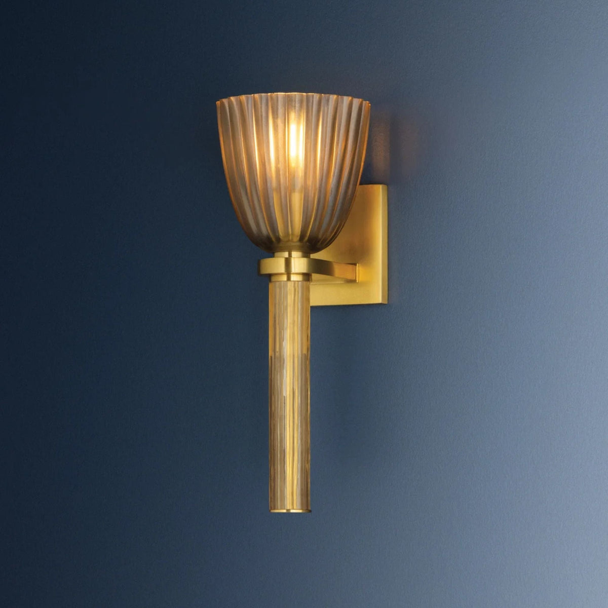 Hudson Valley Columbus 14.75 in. Wall Sconce, Aged Brass with Topaz Glass Tulip Shade