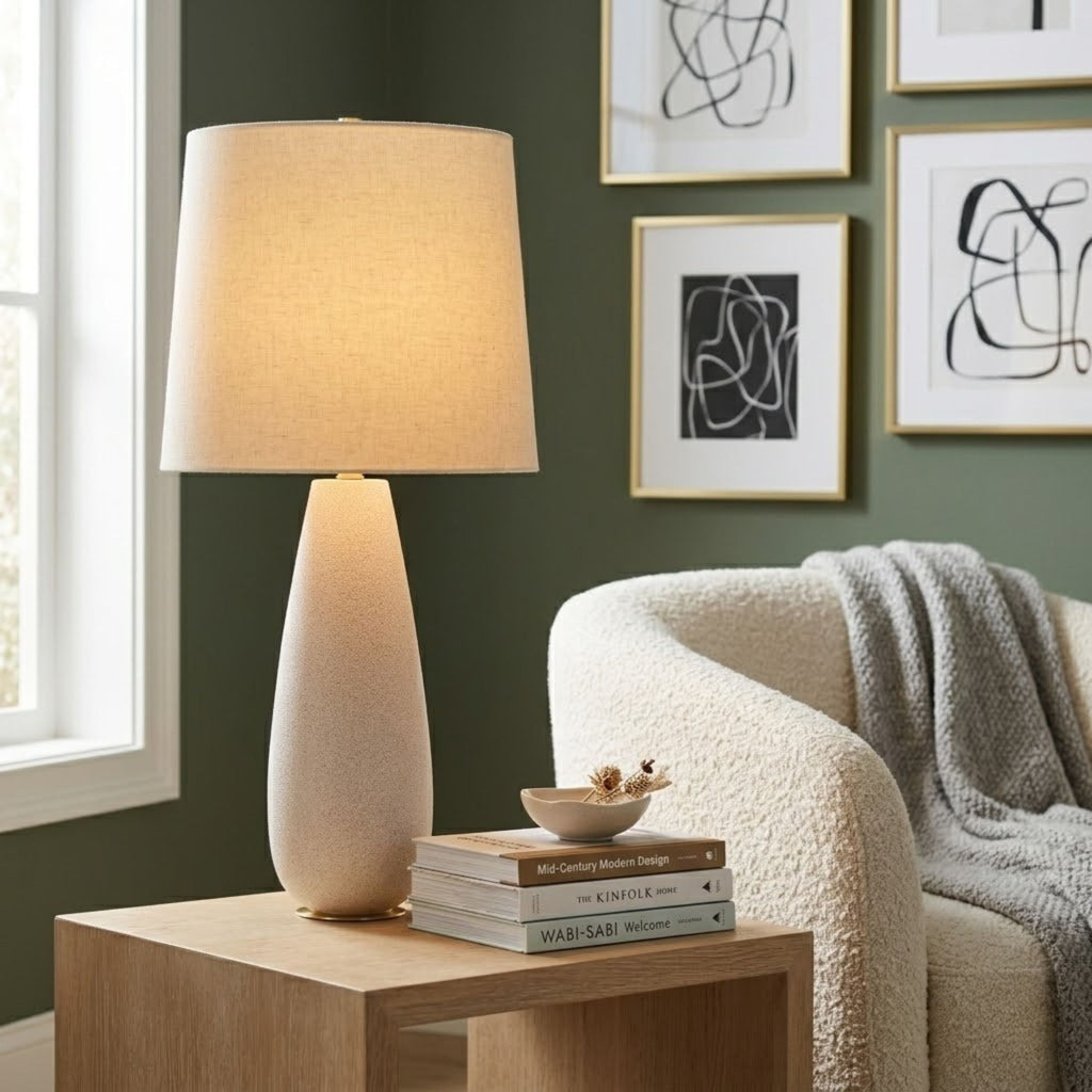 Hudson Valley Neelytown 34.25 in. Table Lamp, Aged Brass with Textured Edgecomb Ceramic & White Linen Shade