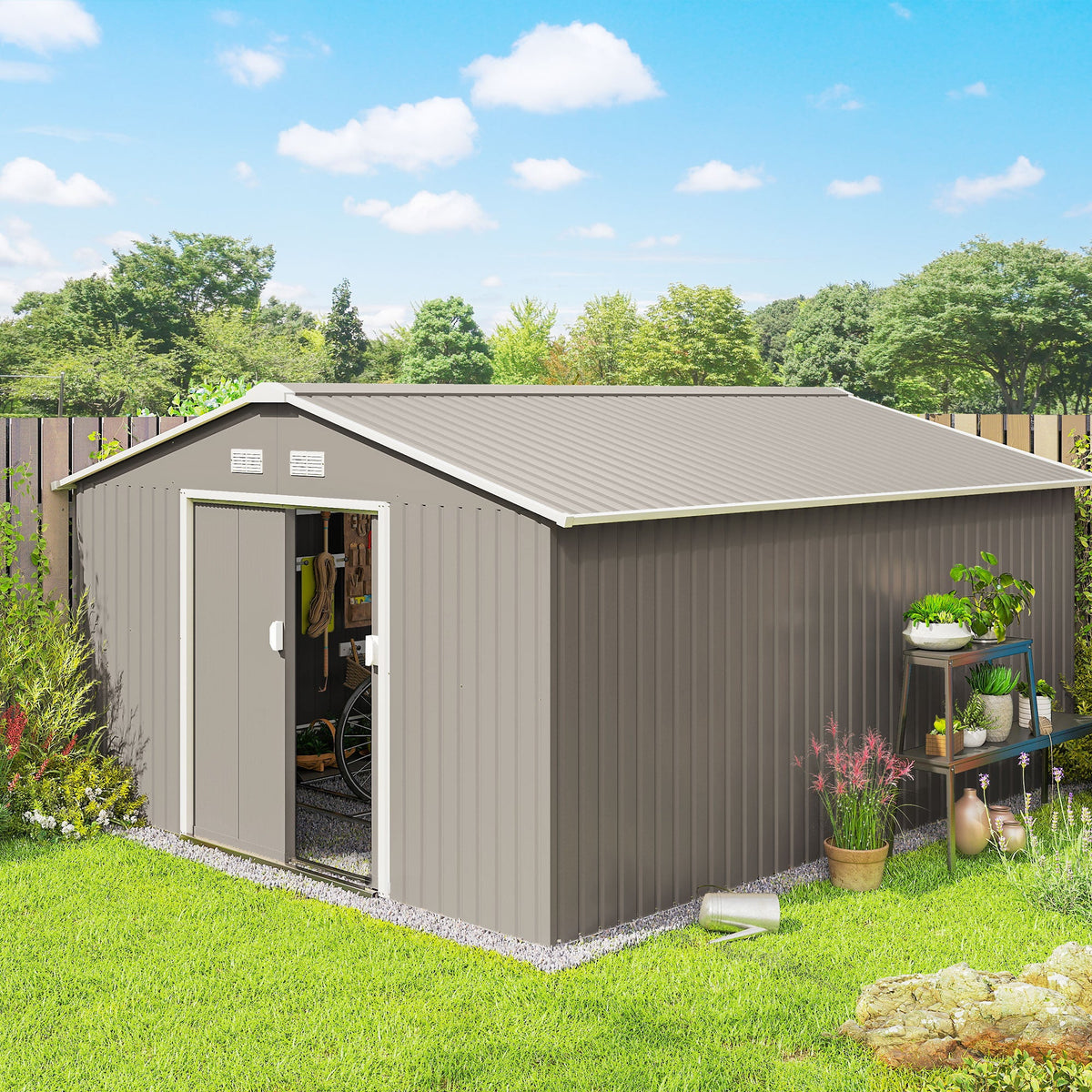 EverBase 11' x 13' Metal Garden Storage Shed with Foundation Kit & Double Doors, Light Grey